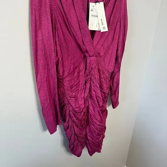 NEW Zara Women's Ruched Satin Effect Print Wrap Dress Fuchsia Pink Size XL